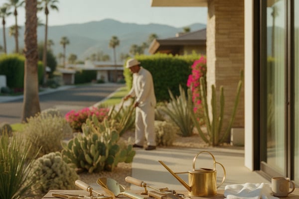 Wooden potting bench with brass watering can and gardening tools, desert landscaping and mountains beyond