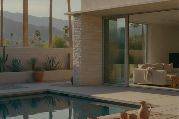 Modern desert home with pool, palm trees, mountains, and outdoor seating area with pottery