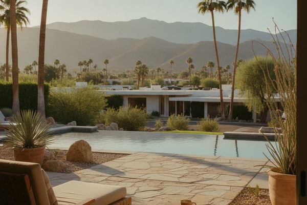 Mid-century modern home with pool overlooking palm trees and desert mountains