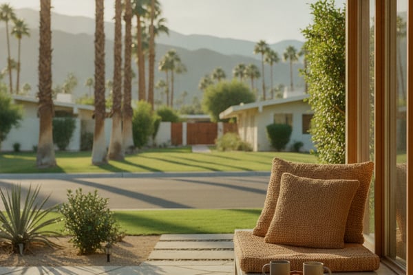 Patio seating area with cushioned chair overlooking palm-lined lawn and mountains